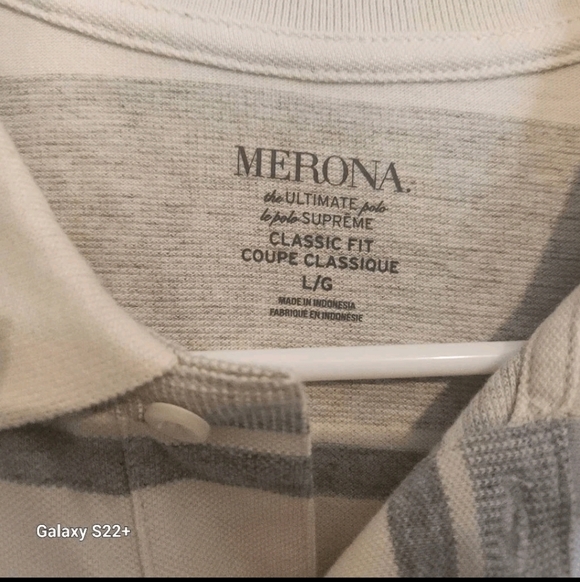 M57 Merona Ultimate Classic Fit No Roll Collar Cream Gray Striped Polo Shirt NWT - Picture 4 of 7